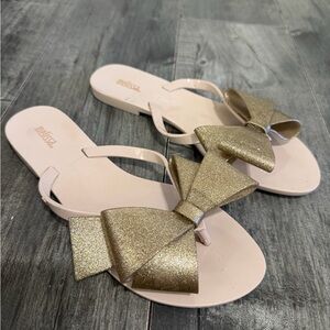 Melissa Bow Flip Flops Beige Gold Glitter Jelly Sandals Size 7